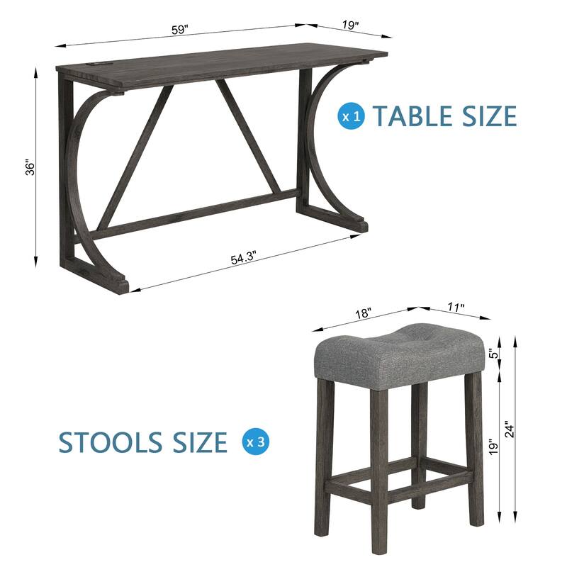4 Piece Rubber Wood Dining Bar Table Set with 3 Padded Stools and Power Outlet