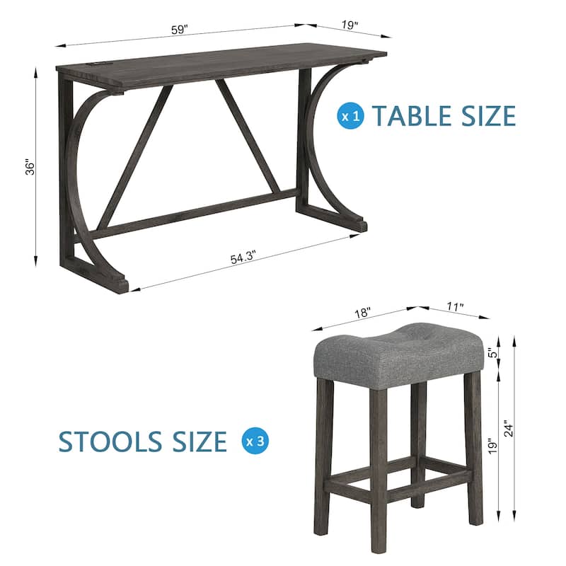 GDFStudio - Alderon 4-Piece Industrial Bar Height Table Set with Built-In Power Outlet & 3 Upholstered Stools