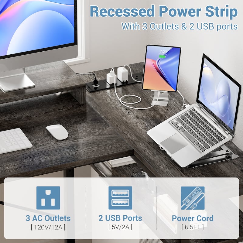 Reversible 53'' L Shaped Computer Desk with Power Outlets & LED Lights,Gaming Desk with 3 Drawers & Monitor Stand