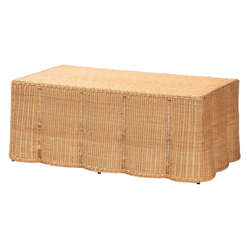 Palm Scalloped Rattan Coffee Table - Handwoven Wicker Rectangle Accent Table for Living Room, Patio or Sunroom - Light Honey