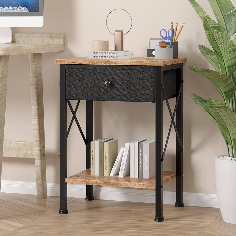 VECELO X Frame Nightstand with Removable Fabric Drawer Easy to Clean Nightstand Multifunctional End Table with Open Shelf