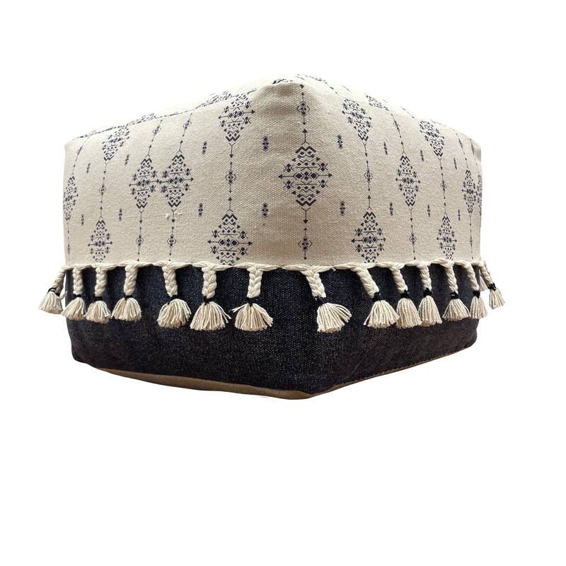 Sevita Navy and Ivory Scandinavian Ornamental Motif Pouf Ottoman