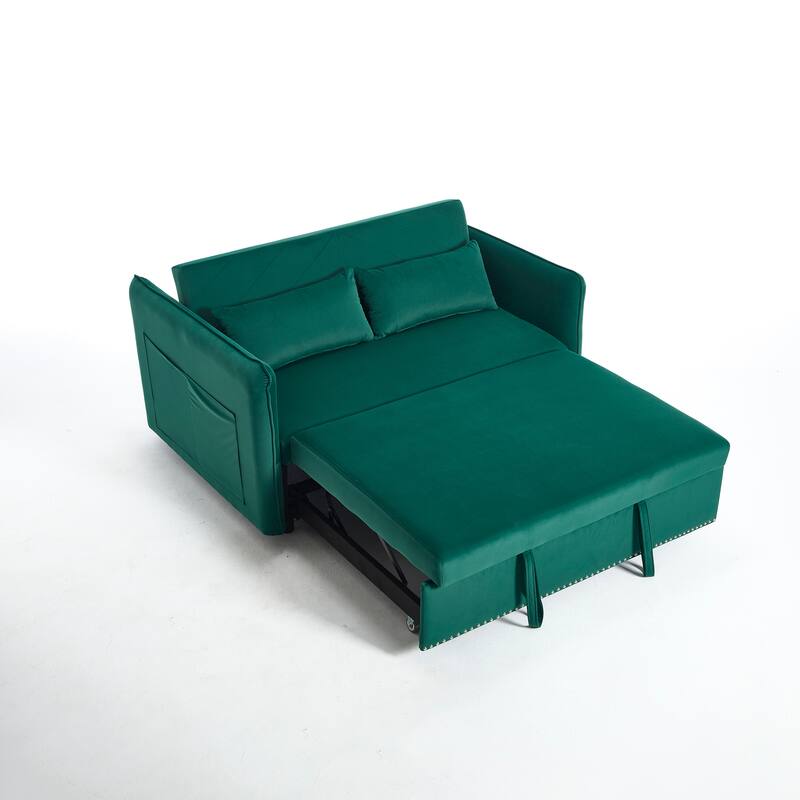 55" Velvet Convertible 3-in-1 Sleeper Sofa Bed with Reclining Backrest, Side Pockets, and 2 Pillows
