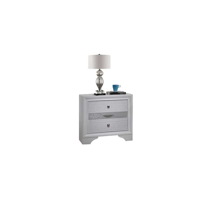 Traditional White 2-Drawer Nightstand with Metal Pulls, Acacia Wood Bedside Table