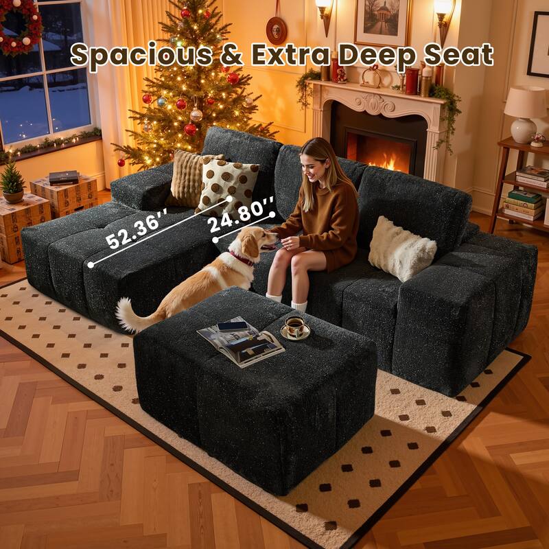 HOOOWOOO Modern Sparkly Velvet Fabric Chaise Sofa Couch with Ottoman