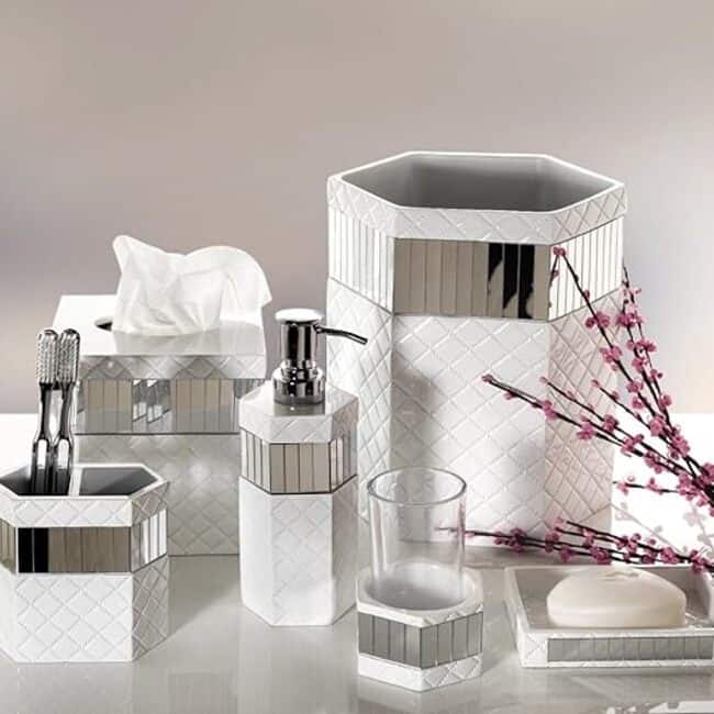 Creative Scents Quilted Mirror White Bathroom Tumbler Holder with Glass Decorative Rinse Cup for Water