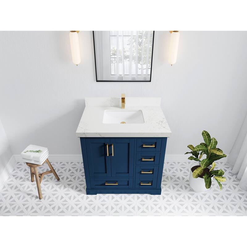 Willow Collections 36 x 22 Boston Center Sink Left Bathroom Vanity with Countertop - 2"Empira White - Navy Blue