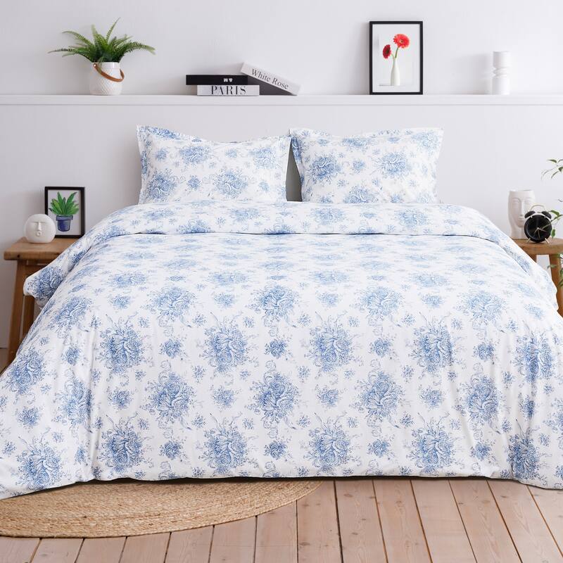 Floral Etching Cotton Duvet Set Light Blue