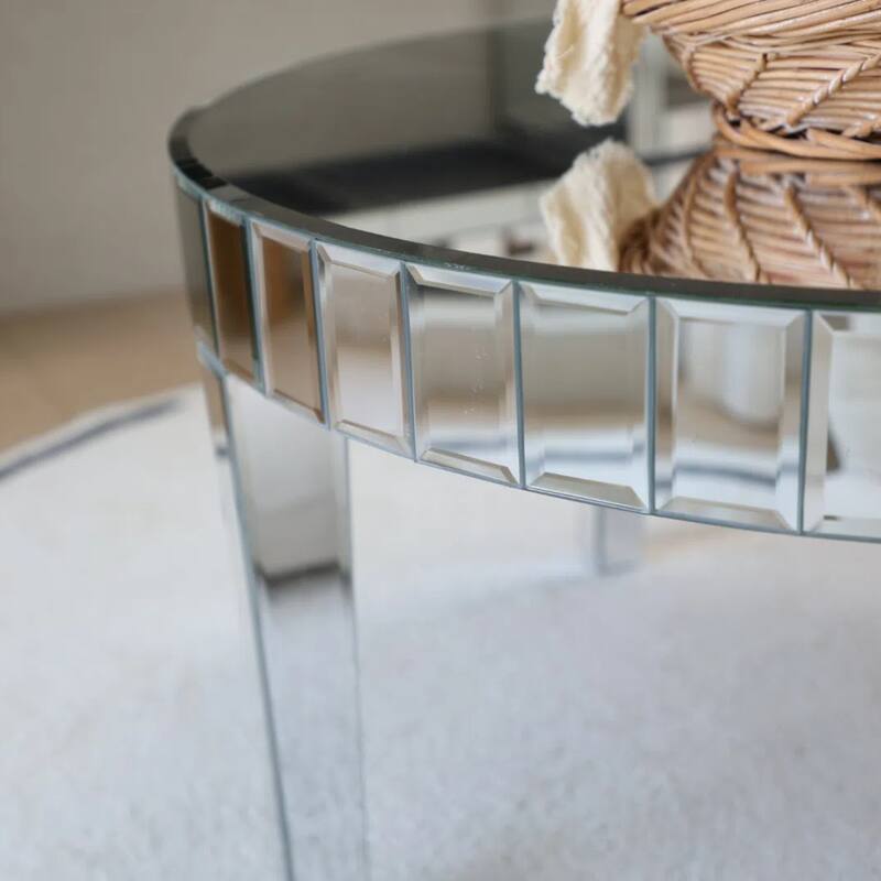 Round Sofa Center Table with Starburst Mirror Mosaic Design - Silver