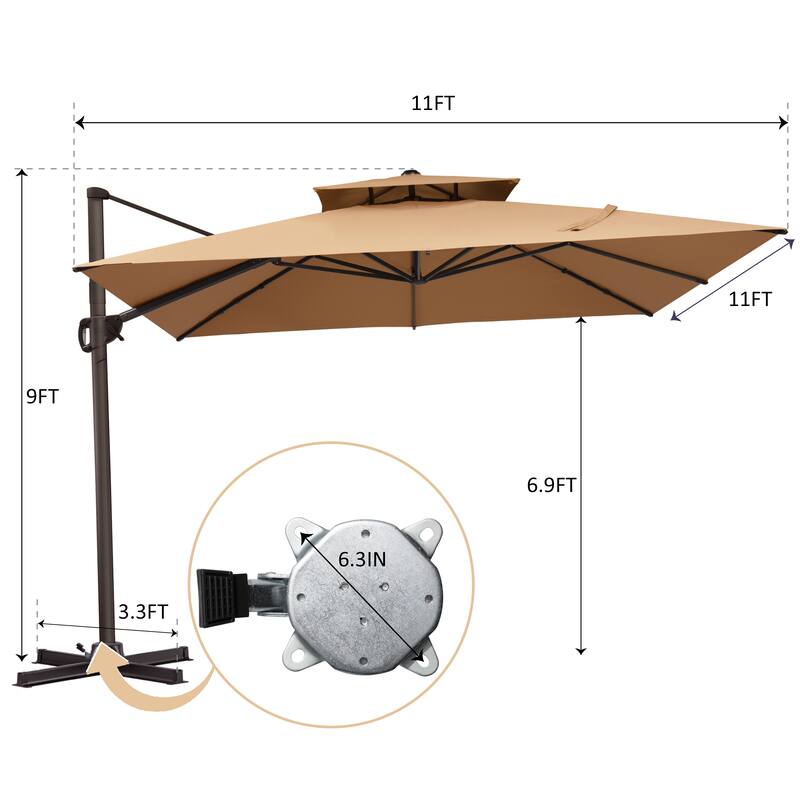 11 ft Square Patio Cantilever Offset Umbrella Double Top with Rod Base