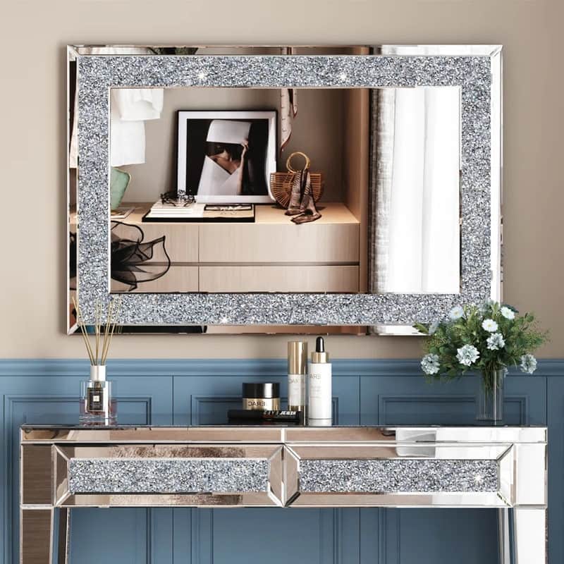 Glam Crystal Accent Wall Mirror Sparkly Silver Mirror
