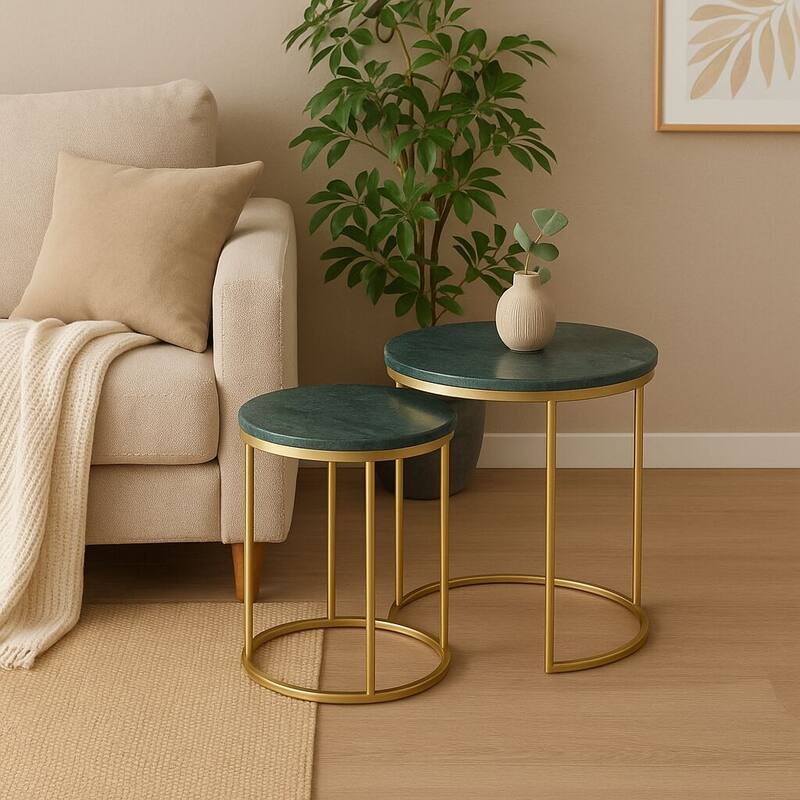 Marble Nesting Coffee Table Set Of 2 With Metal Frame - Green