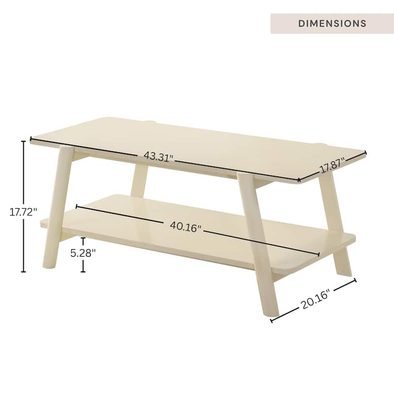 Mid-Century Modern Wood Shelf Coffee Table, Off-White Finish