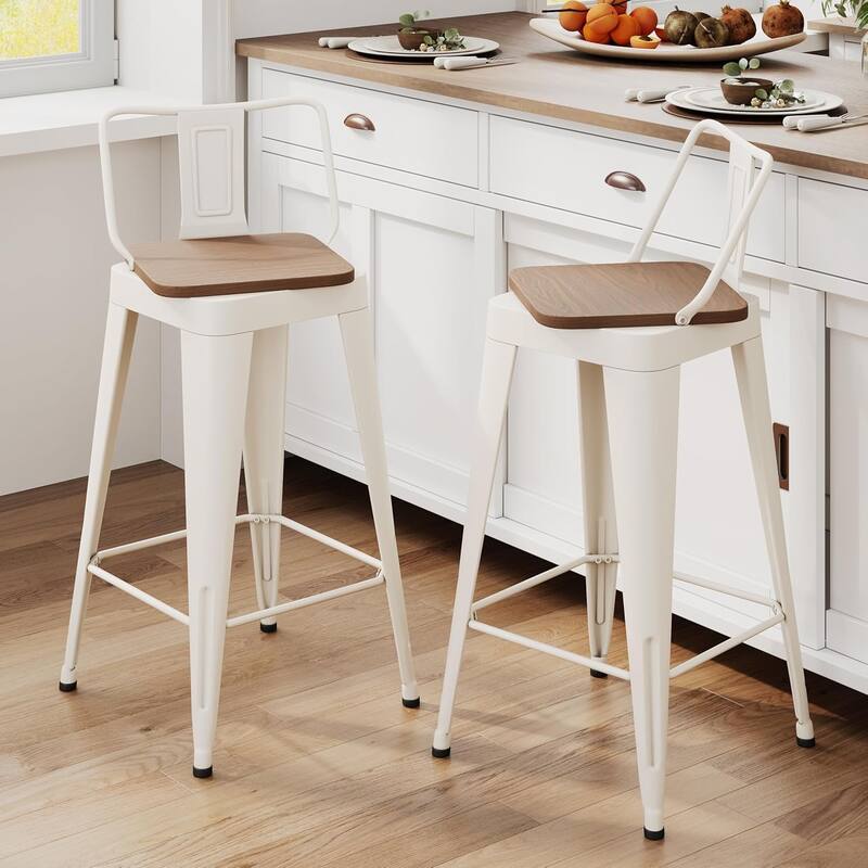 Swivel Counter Stools with Metal Frame Farmhouse Counter Chairs with low Back 24" Kitchen Bar Furniture Stools with Wooden Seat - Set of 2 - Off-White