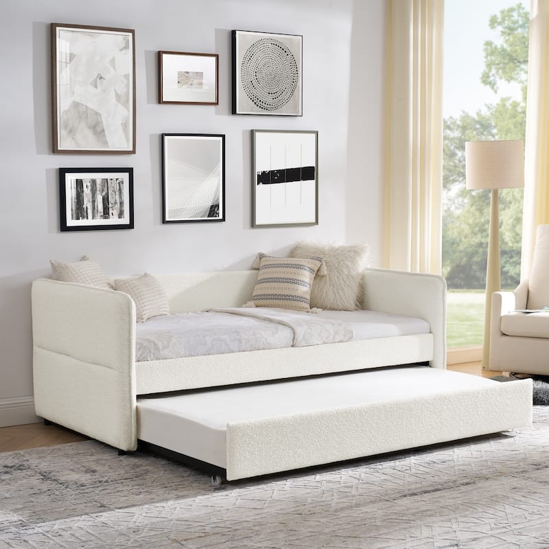 Daybed with Trundle Upholstered Tufted Sofa Bed, Twin Size, Boucle Fabric, Beige (83"x43"x29.5")