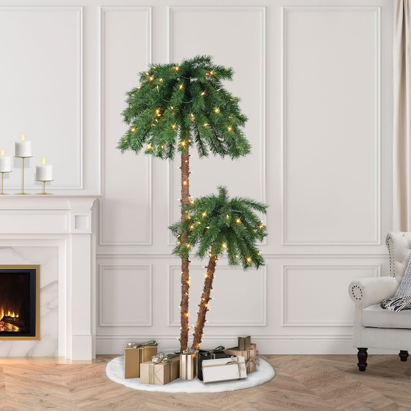 Puleo International 3.5 ft. & 6ft Pre-Lit Artificial Double Trunk Palm Tree - Green