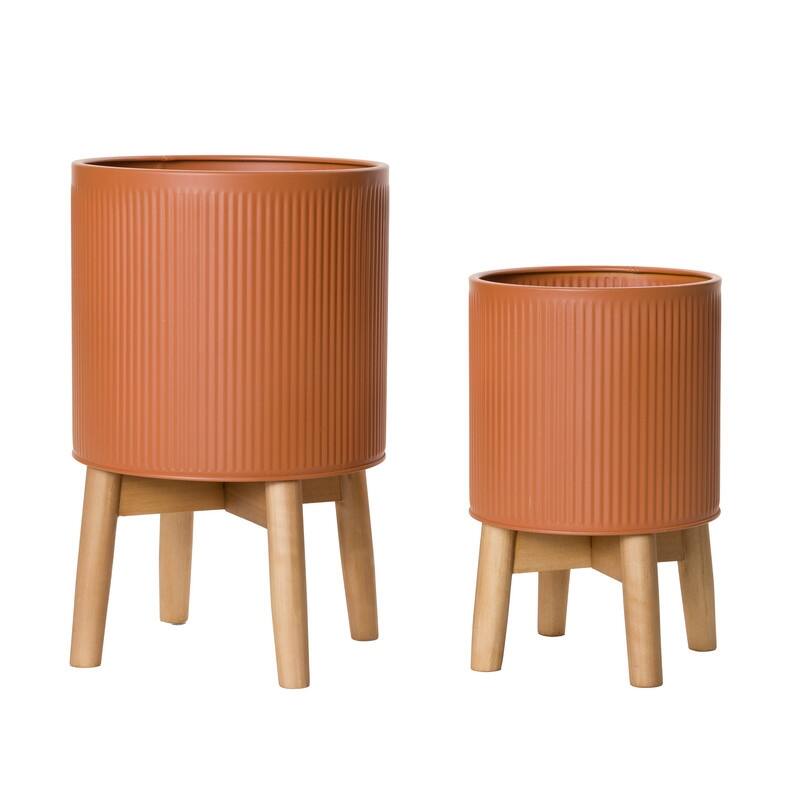 2-Piece Fluted Metal Planter Pot With 4-Leg Wood Base - Terracotta Color - 17"H x 10"W / 13.5"H x 8.5"W