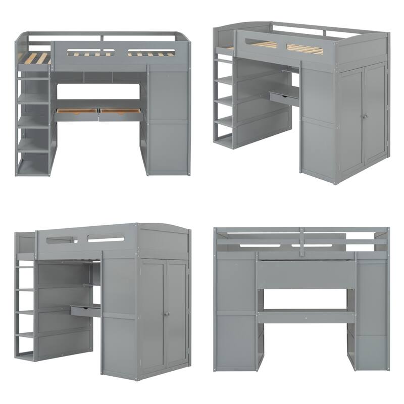 Twin Size Wood Loft Bed with Desk, Wardrobes,Drawers and Shelves