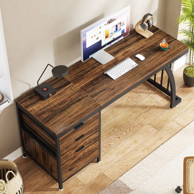 59 inch Reversible Computer Desk with 3 Drawer Cabinet, Industrial Study Writing Table Workstation for Home Office Bedroom