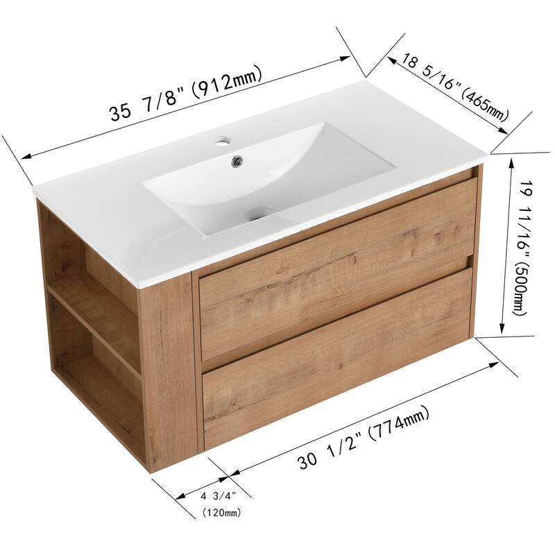 35.9-Inch Modern Bathroom Vanity with Ceramic Sink, Adjustable Side Shelf, Soft-Close Drawers, and 45° Beveled Invisible Handle