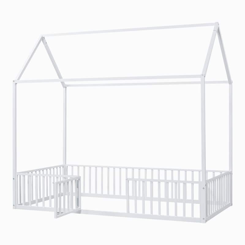 Twin Size House Design Platform Bed, Metal Floor Bed Frame with Fence, Door and Roof for Children, Boys and Girls