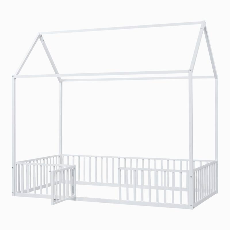 White Twin Size Metal House Bed with Fence and Play Door for Kids