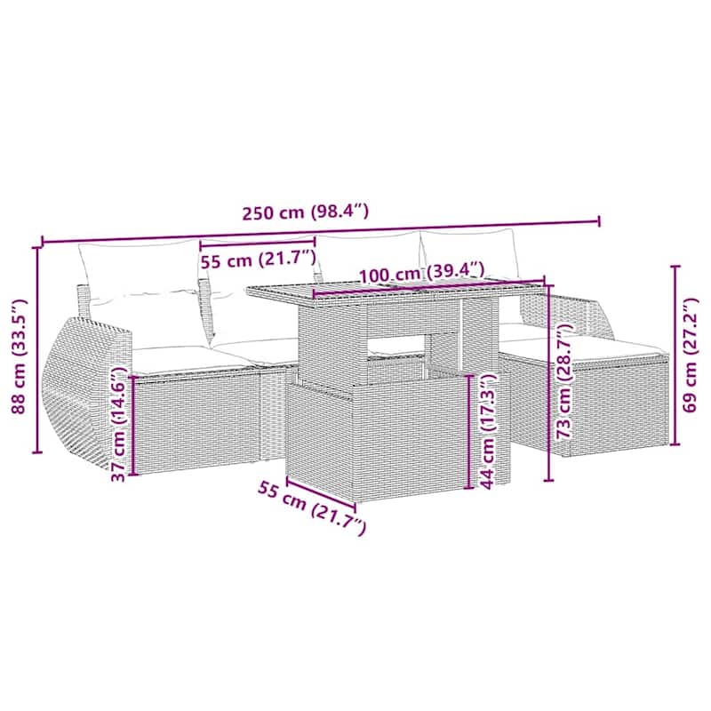 vidaXL Patio Sofa Set with Cushions Outdoor Furniture 6 Piece Poly Rattan - 21.7 x 24.4 x 27.2