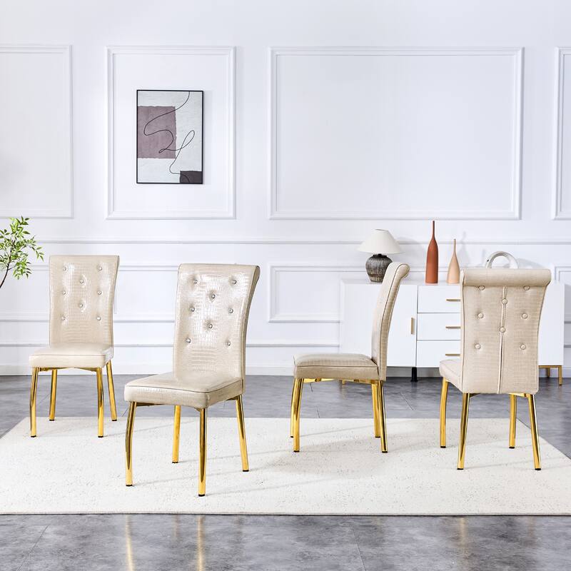 A set of 4 white and black vintage crocodile leather cushioned dining chairs, featuring crystal clasp design and leather