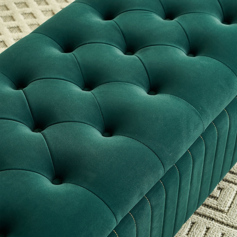 Velvet Fabric Storage Ottoman, Upholstered Button Tufted Storage Bench, End of Bed Bench with Safety Hinge & Metal Legs