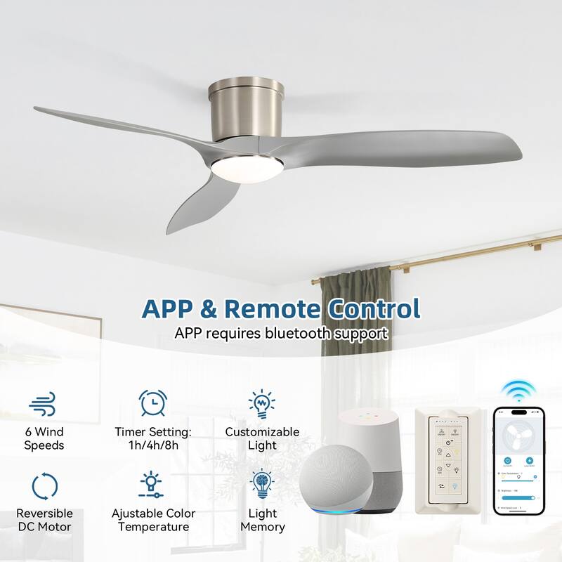 52-Inch Smart Ceiling Fan With Light,Flush Mount Ceiling Fan With Remote Control.3 Grey ABS Blades,18W Dimmable Light - Nickel