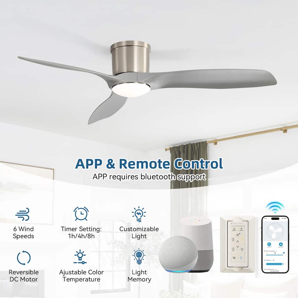 52in Smart Low Profile Ceiling Fans with Lights Remote Quiet DC Motor Control with WIFI Alexa App - 52