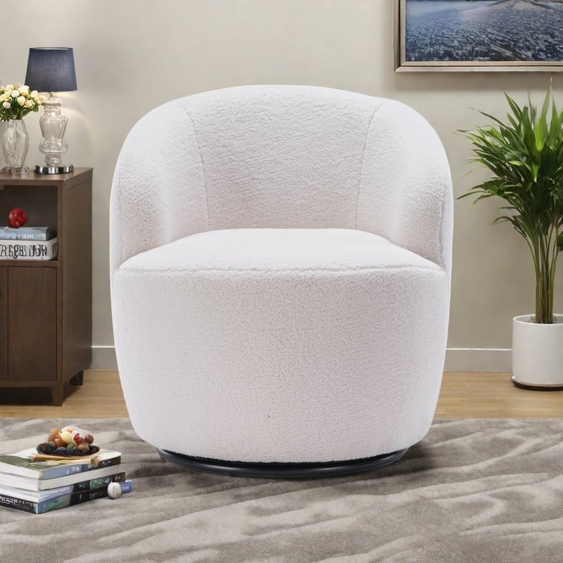 Teddy Fabric Swivel Chair Barrel Accent Chair with 360° Rotation and Metal Base - Ivory