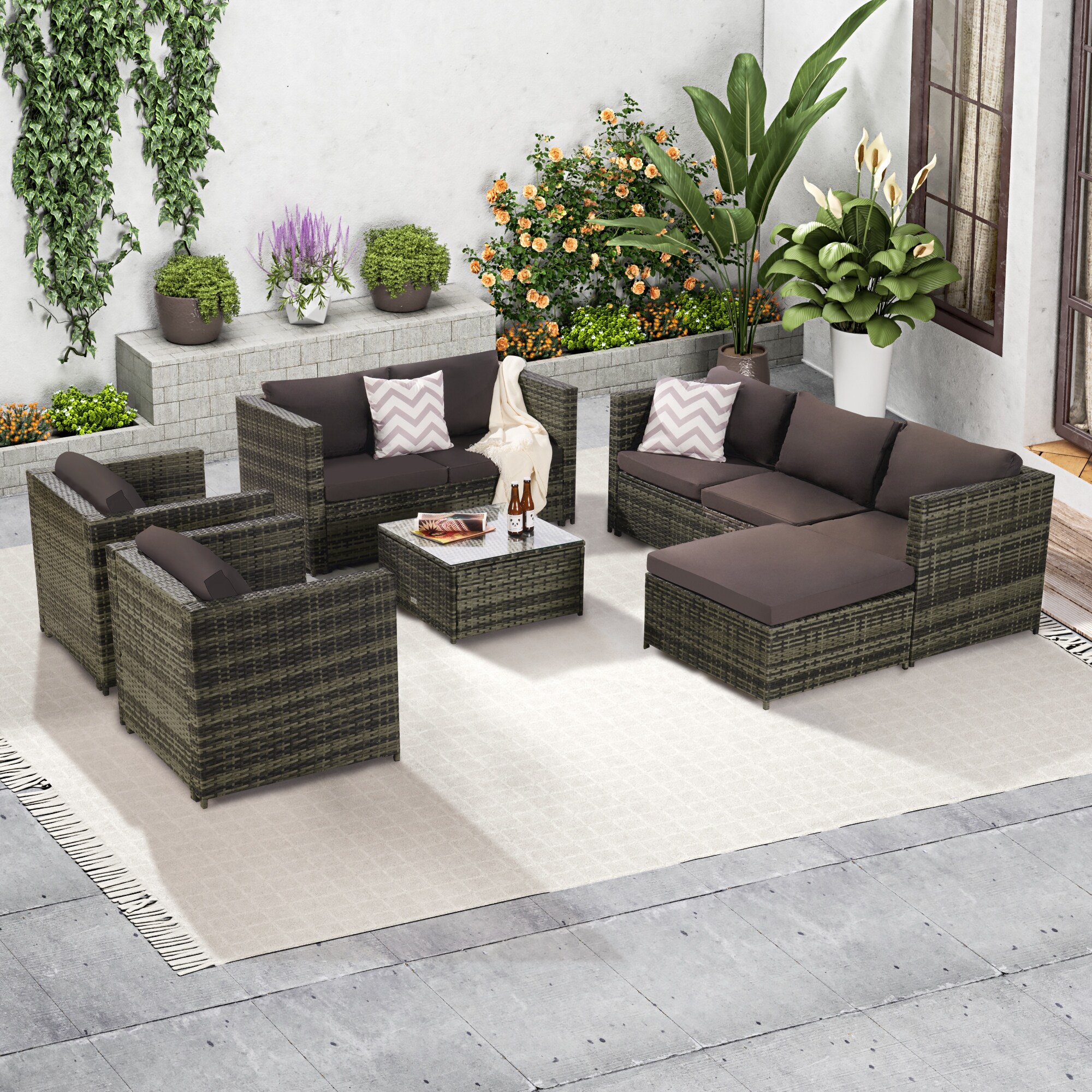 Outdoor Garden Rattan Table and Table Furniture Set Dark Gray