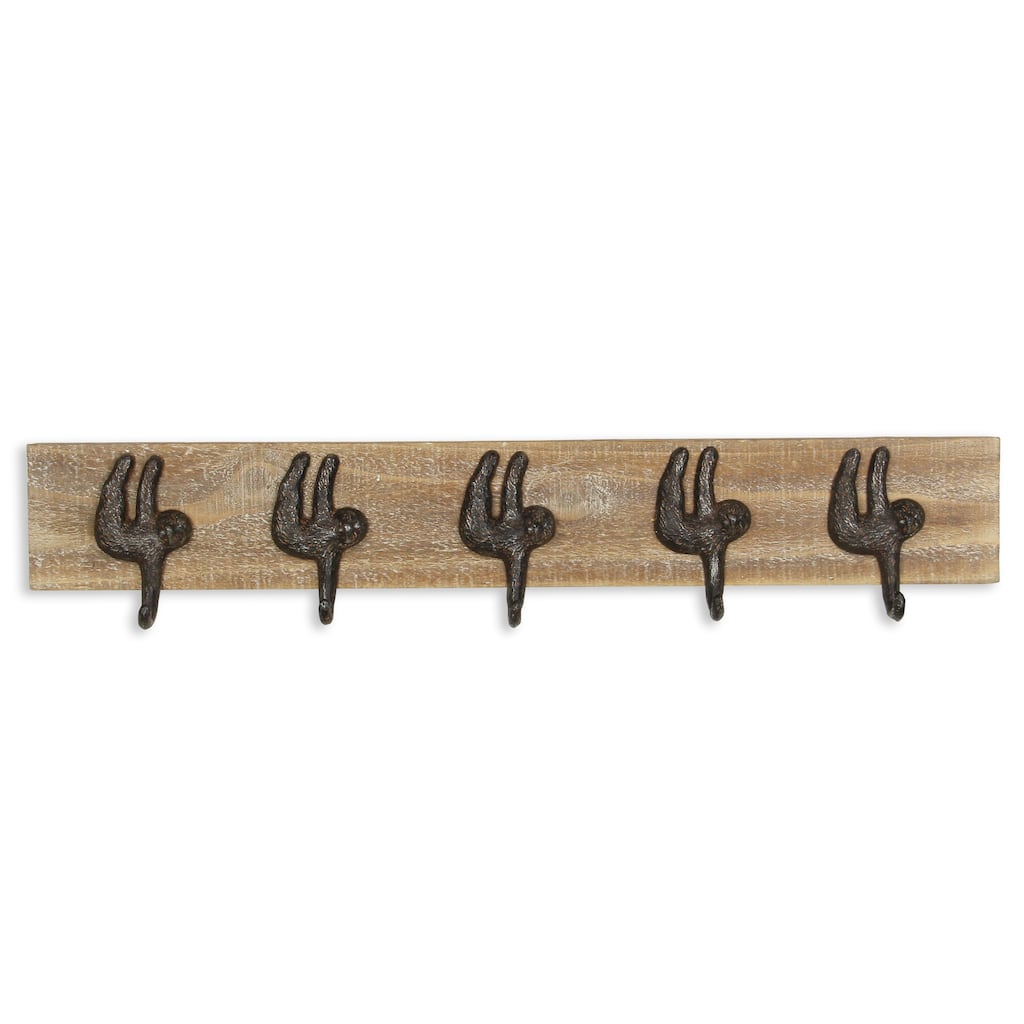 Brown Wood Sloth Themed 5 Hook Coat Rack