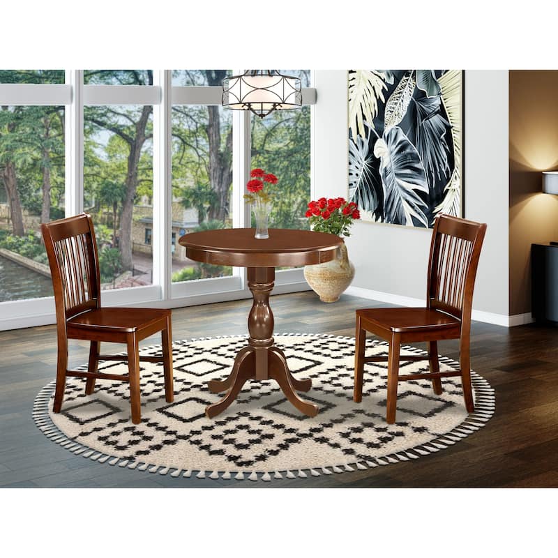 East West Furniture 3 Piece Modern Dining Table Set- a Round Wooden Table and 2 Dining Chairs, (Seat & Finish Options) - ESNF3-MAH-W