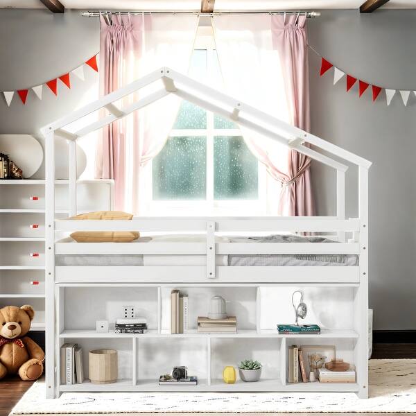 slide 2 of 14, Twin Size Wooden House Loft Bed With Roof Frame, Under Bed Shelving Storage Unit, Guardrails, Ladder White