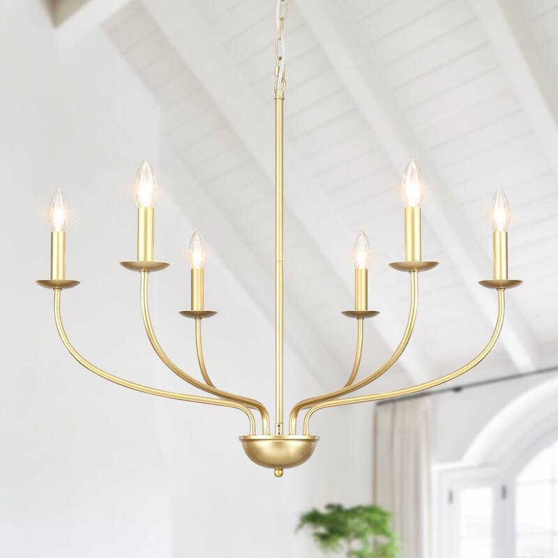 6-Light Modern Farmhouse Chandelier, Metal Candle Style Chandelier for Dining Room Living Room Bedroom Kitchen - Gold