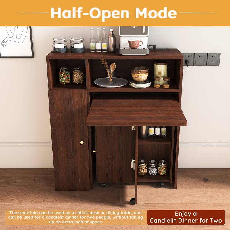Folding Dining Table and Storage Sideboard with Charging Station， Multifunctional Space-Saving Kitchen Table with Wheels