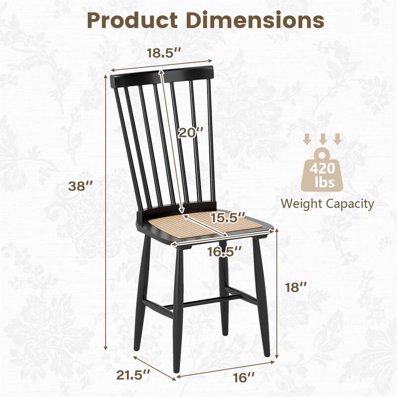 Stylish Windsor Style Dining Chair Set with PE Rattan Seat Ergonomic Spindle Back and Rubber Wood Frame - 21.5" x 16" x 38"