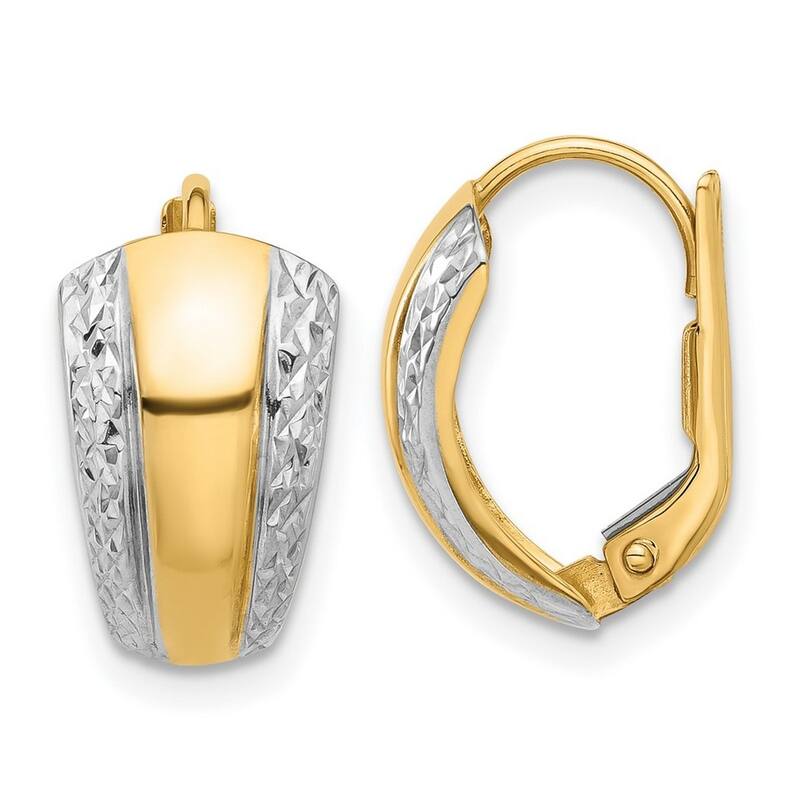 Curata 14k Yellow Gold White Rhodium Polished and Diamond cut Leverback Earrings - 15.1x11.1mm