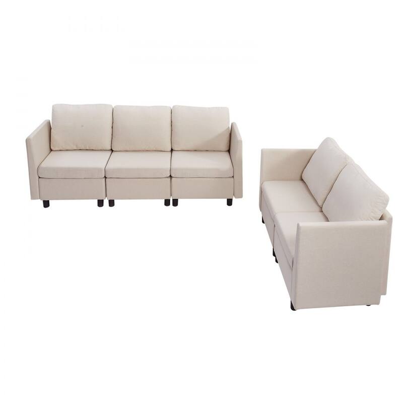 Beige Cotton-Linen Modular Sectional Sofa with Storage, Kid-Friendly Cushions and Wood Frame