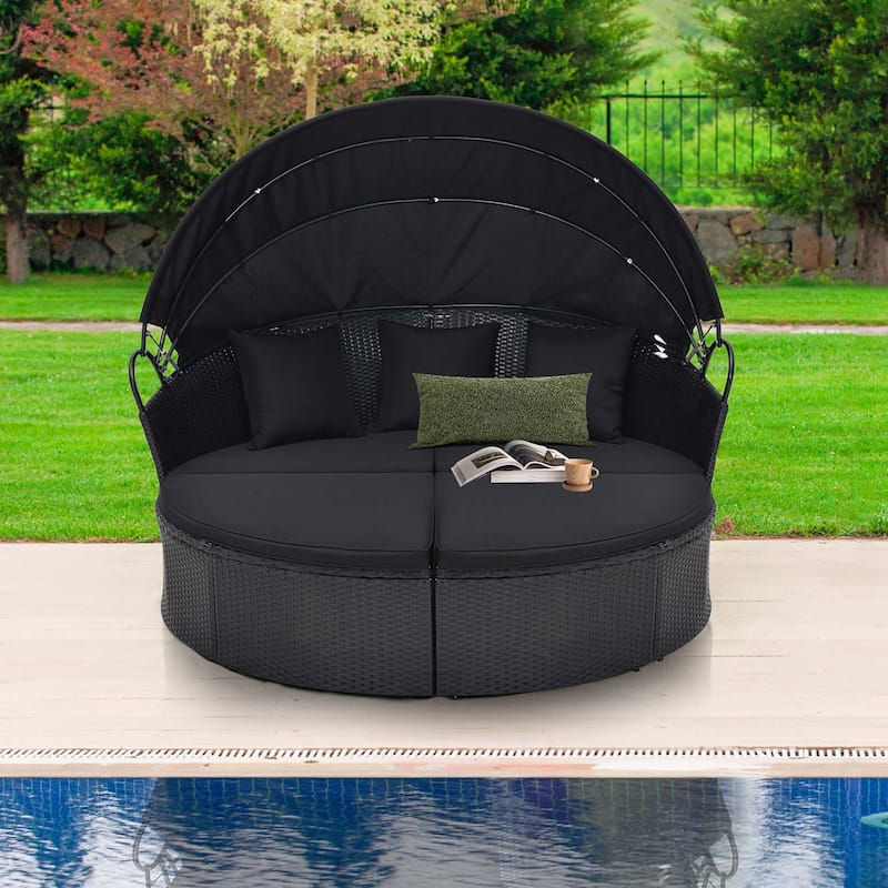 Patio Round Daybed with Retractable Canopy Rattan Sectional Seating