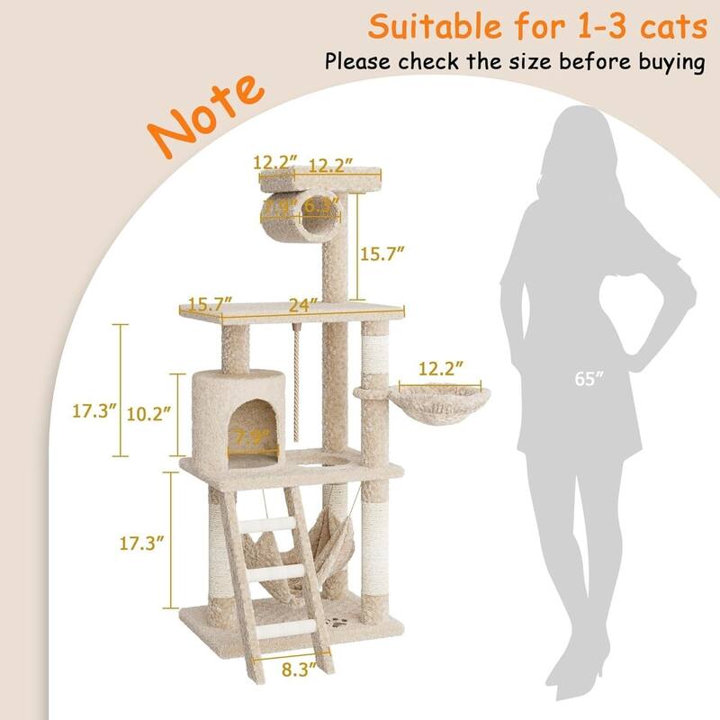 55 Inch Multi-Level Cat Tree Tower with Plush Perches, Scratching Posts - N/A