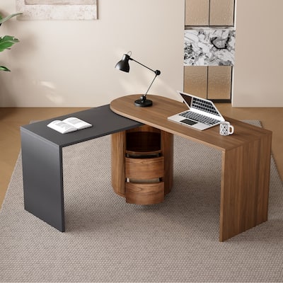 Modern 360° Rotating L-Shaped Walnut Desk with 2 Drawers and Open storage