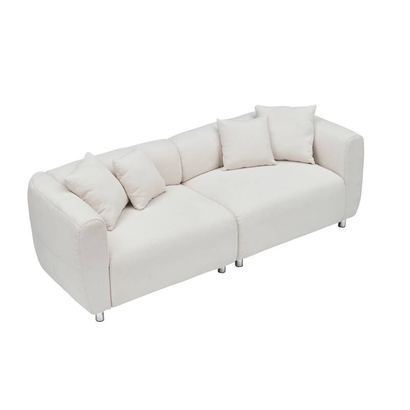 89 inch 3 Seater Sofa with Metal Legs, Solid Wood Frame, 4 Pillows, Cotton Linen, White