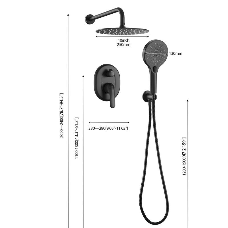 2-Functions Wall Mount Shower System Rainfall Shower Head - Matte Black 10 inch