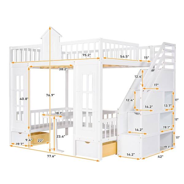 dimension image slide 2 of 3, Full-Over-Full Bunk Bed with Changeable Table
