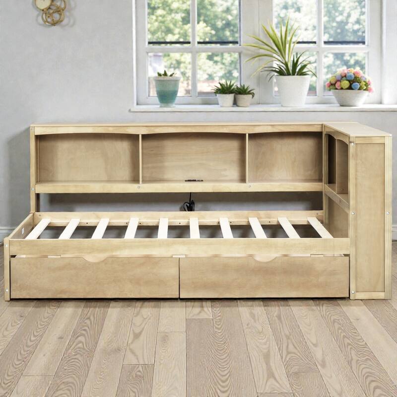 Twin Size Daybed with Storage Drawers, Side Cabinets and USB Ports, Wood Daybed Frame with Charging Station