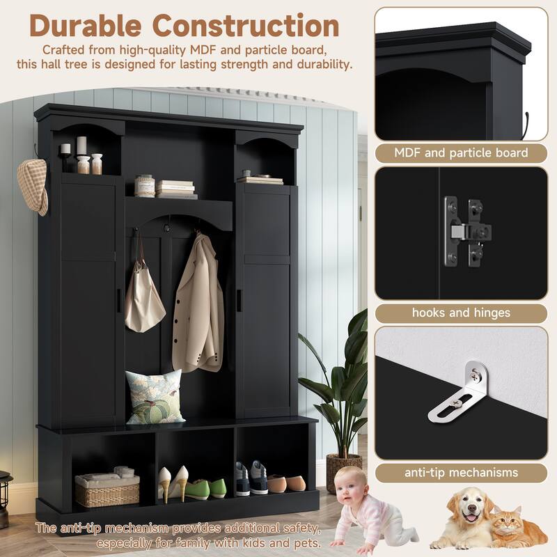 Modern Hall Tree with Adjustable Shelves Dual Cabinets Bench Entryway Organizer