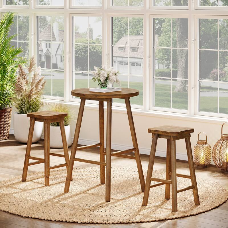 Solid Wood Bar Table & 2 Barstools Set, Pub Bistro Coffee Cocktail Dining Accent Table, Home Bar Kitchen Breakfast Nook